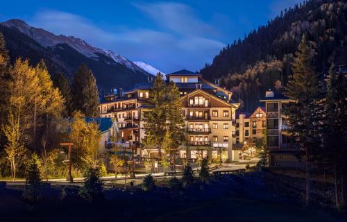 a hotel in the mountains at night at The Blake at Taos Ski Valley in Taos Ski Valley