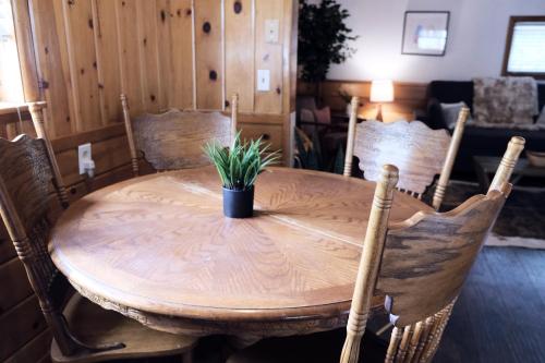 a wooden table with a potted plant on it at Lake Front Cabins in June Lake