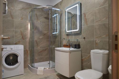 uma casa de banho com um chuveiro, um WC e uma máquina de lavar roupa em Opal Luxury Apartment 91 Spa n Pool Beach resort em Mamaia Nord – Năvodari