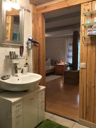 a bathroom with a white sink and a mirror at Ferienwohnung Wildenreuth in Weidenberg