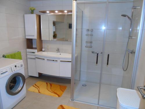 a bathroom with a shower and a washing machine at Pension Haus Waldesruh in Lohberg