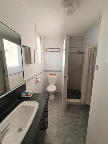 uma casa de banho com um lavatório, um WC e um chuveiro em Sunseeker Motel em Hervey Bay