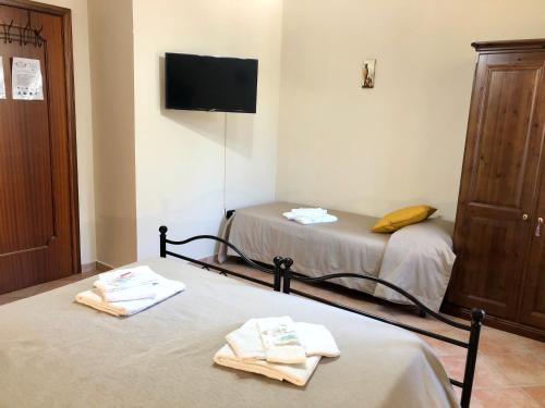 two beds in a room with a tv on the wall at Il Casolare degli Alburni in Castelcivita