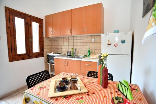 a kitchen with a table and a white refrigerator at Maria Konstantinidis Apartments in Nea Potidaea