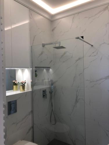 baño con ducha y puerta de cristal en Apartament Grażyna Stańczyka, en Varsovia