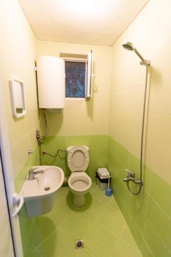 a green bathroom with a toilet and a sink at Orlino Holiday Park in Sarnitsa