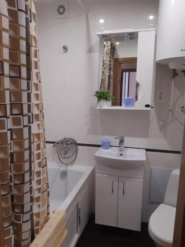 a bathroom with a sink and a shower curtain at Однокімнатна in Shepetivka