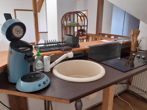 een keuken met een aanrecht met een mixer en een tafel met een aanrecht bij Chambre de la Dhuys in Blesmes