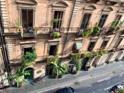 un immeuble d'appartements avec des plantes en pot sur ses fenêtres dans l'établissement Grand Tour Design Guest House Catania, à Catane