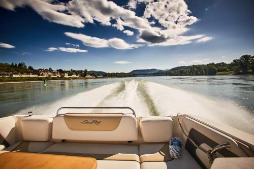 a boat is driving down a river at Hotel Donauhof in Emmersdorf an der Donau