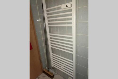 a walk in shower with a white door in a bathroom at moderne Ferienwohnung mit WLAN+Schwimmbad+Sauna in Hohegeiß