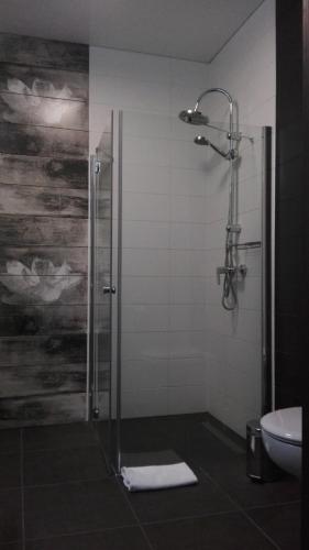 a bathroom with a shower with a sink and a toilet at Hotel Ostoja in Lipówki