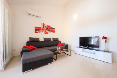 a living room with a couch and a flat screen tv at Villa Pino with Pool, Sauna & Jacuzzi in Petrcane