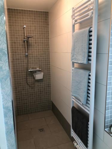 a bathroom with a shower and towels on a rack at Gäste-Apartment "Carpe Diem" in Osterburg