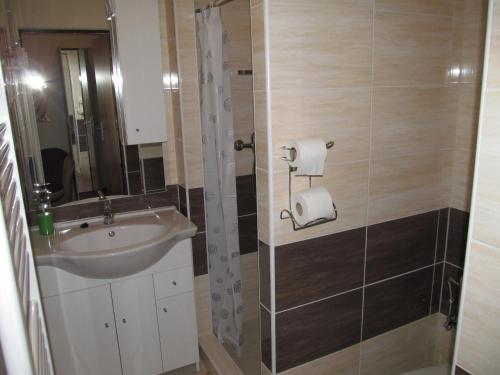a bathroom with a sink and a mirror at A+S Penzion Podzamok in Spišské Podhradie
