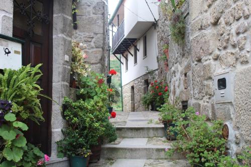 an alley with flowers and plants in an old building at Casa Avô T1 in Avô