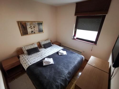 Un dormitorio pequeño con dos camas y una ventana. en Apartman šumski vilenjak, en Zlatibor