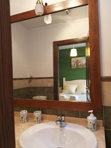 a bathroom with a sink and a large mirror at Casa Rural EL VALLECILLO in Valle de Tabladillo