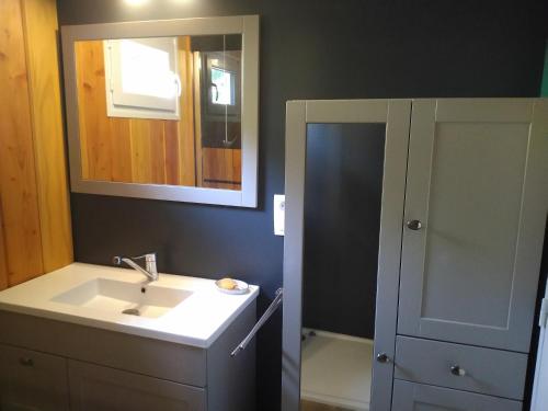 un baño con lavabo y espejo en LE CHALET DE LYLOU, en Montady