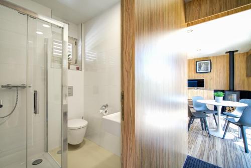 uma casa de banho com um chuveiro, um WC e uma mesa em NEDOMEK em Neslovice