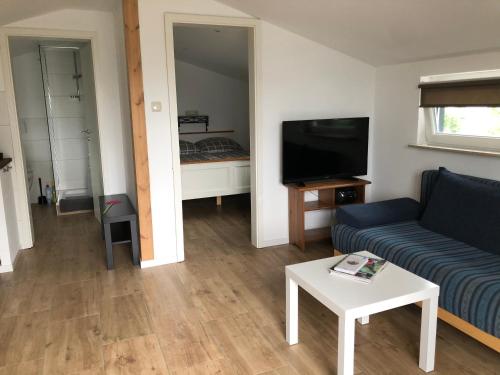 a living room with a couch and a tv and a table at Ferienwohnung Eiderblick in Hennstedt