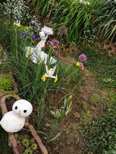 a white teddy bear sitting in a garden with flowers at Pensiunea Lucia Ana in Cluj-Napoca