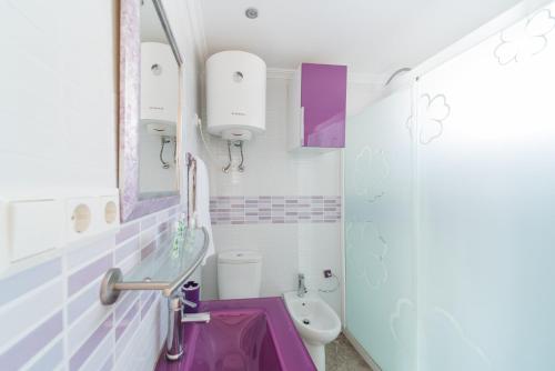 a bathroom with a purple sink and a toilet at Expoholidays - Isla Azores in Aguadulce