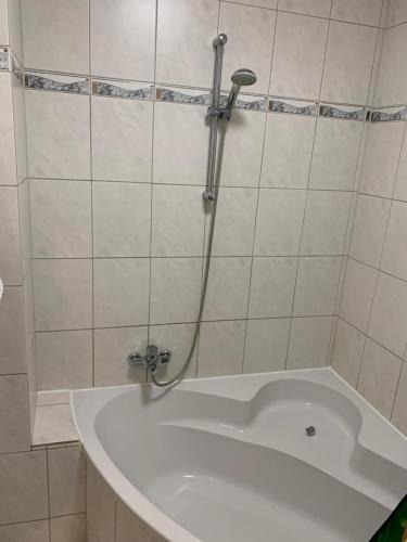a shower in a bathroom with a white tub at City-Wohnung 2 in Brühl