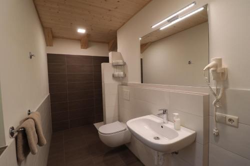 ロデンゴにあるPension Steigerhofのバスルーム(洗面台、トイレ、鏡付)