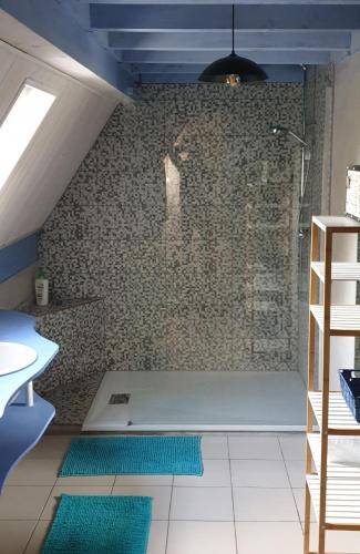 La salle de bains est pourvue d'une douche et d'un mur en briques. dans l'établissement Appartement 2 chambres Lili, à Poligny