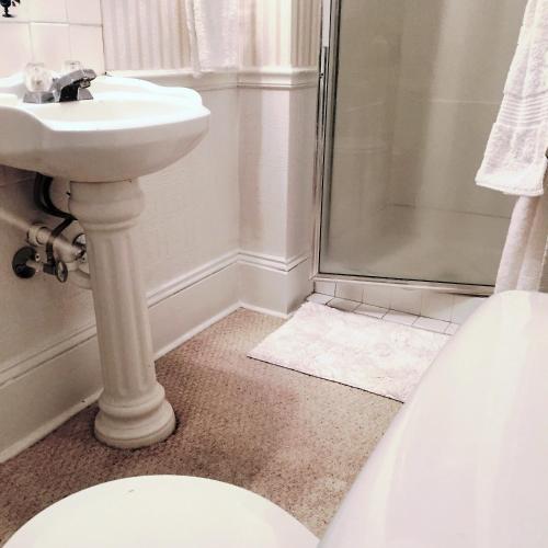 a bathroom with a toilet and a sink and a shower at English Cottage in Greensboro