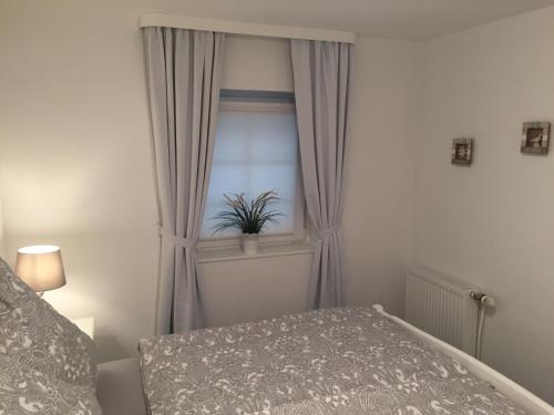 Un dormitorio con una cama y una ventana con una planta en Moin.Moin, en Grömitz