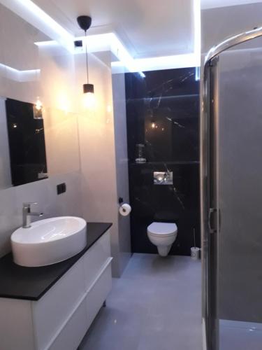 La salle de bains blanche est pourvue d'un lavabo et de toilettes. dans l'établissement Apartament Rose 9 Świnoujście, à Świnoujście