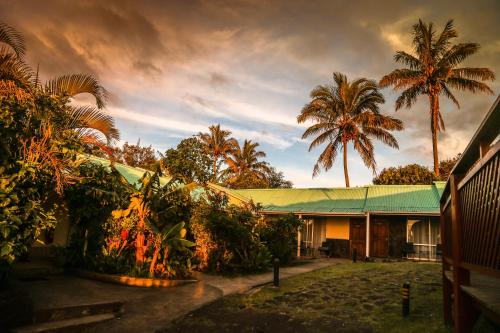 a house with palm trees in front of it at Easter Island Ecolodge in Hanga Roa