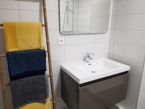 a bathroom with a sink and a mirror at Appart' O bernai in Obernai