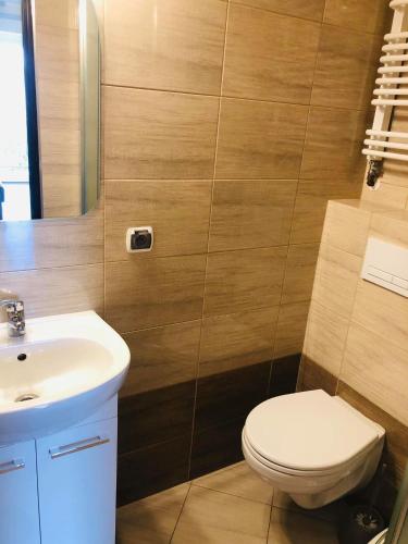 ein Badezimmer mit Toilette und Waschbecken in der Unterkunft Limba in Łeba