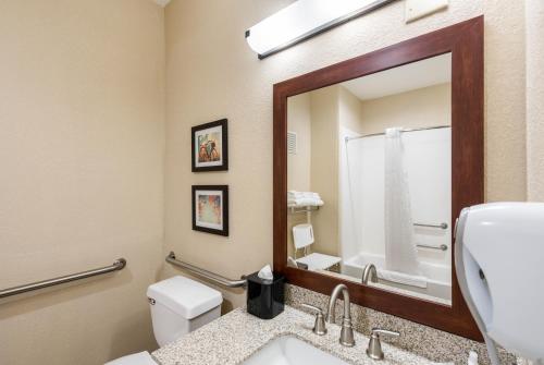 a bathroom with a toilet and a sink and a mirror at Comfort Inn Onalaska - La Crosse Area in Onalaska