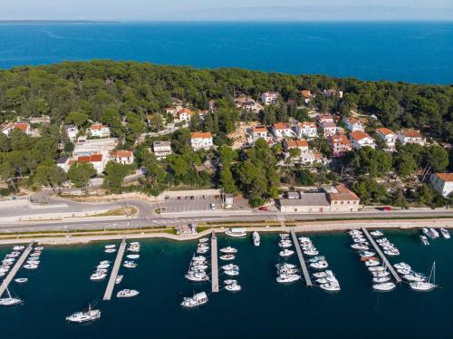 an aerial view of a harbor with boats at Exclusive Apartments Milahomes by the sea, boot mooring and private parking in Mali Lošinj