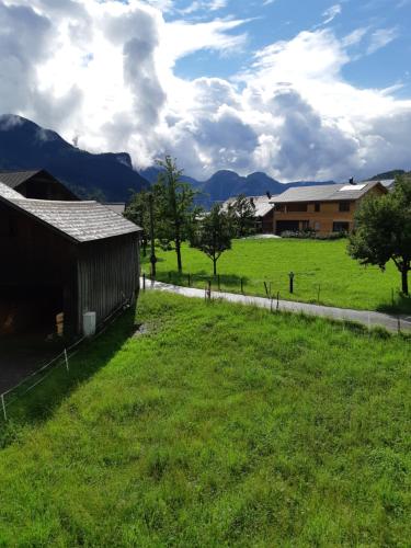 a barn in a field with mountains in the background at Haus Annelies in Bizau