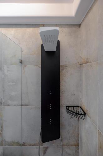 a shower with a black speaker and a ceiling at Naxos Pantheon Luxury Apartments in Agkidia