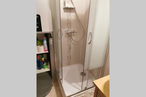 une douche avec une porte vitrée dans une salle de bain dans l'établissement Le 112 st leo, à Honfleur