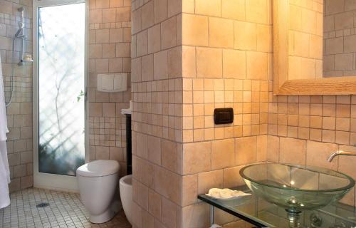 a bathroom with a toilet and a glass sink at Arnaboldi Palace in Pavia