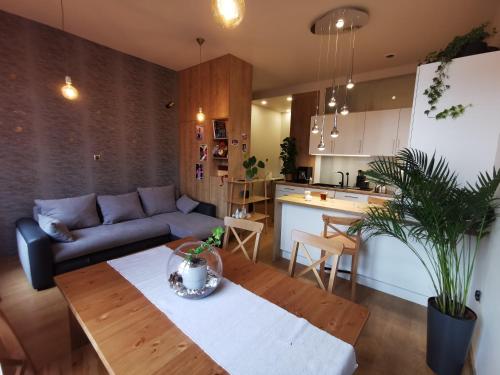 a living room and kitchen with a couch and a table at Apartament Słoneczny na Placu Wejhera in Wejherowo