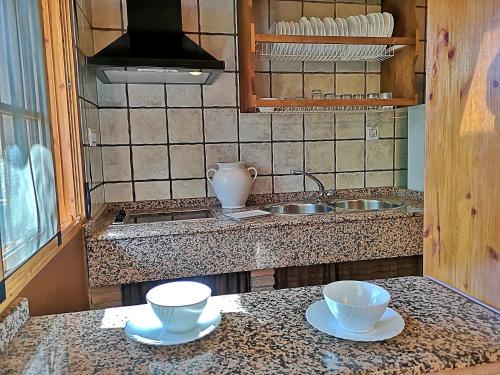 a kitchen counter with two bowls and a sink at Casa Laguna del Maiz cazorla in Burunchel