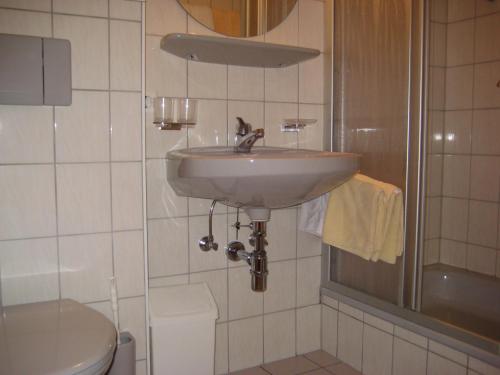 a bathroom with a sink and a shower and a toilet at Machls Ferienwohnungen in Jerzens