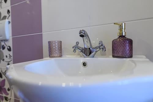 a white sink with a soap dispenser and a bottle at Penzion Florián Telč in Telč