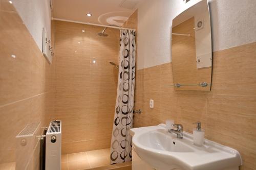 W łazience znajduje się umywalka i prysznic. w obiekcie Pokój z aneksem kuchennym w mieście Gdynia