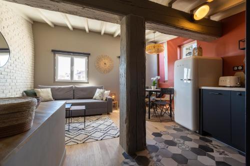 Il dispose d'une cuisine et d'un salon avec un canapé et un réfrigérateur. dans l'établissement DUPLEX MIRABEAU - Roof terrace with panoramic view, à Aix-en-Provence