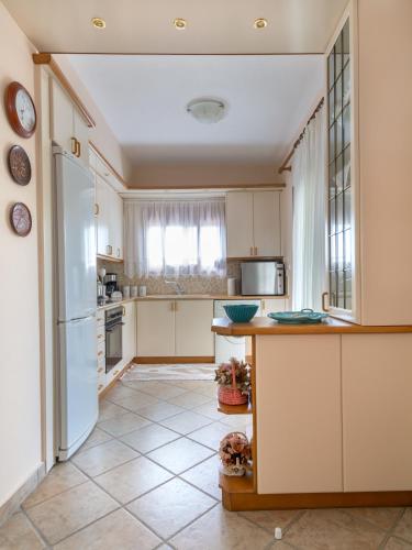 a kitchen with a white refrigerator and a tile floor at Gardenia Sea View Home in Chorefto
