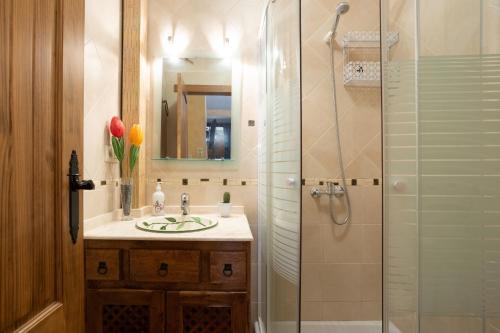 a bathroom with a sink and a shower at Casa Rural Almenas del Cid in Almonacid de Toledo